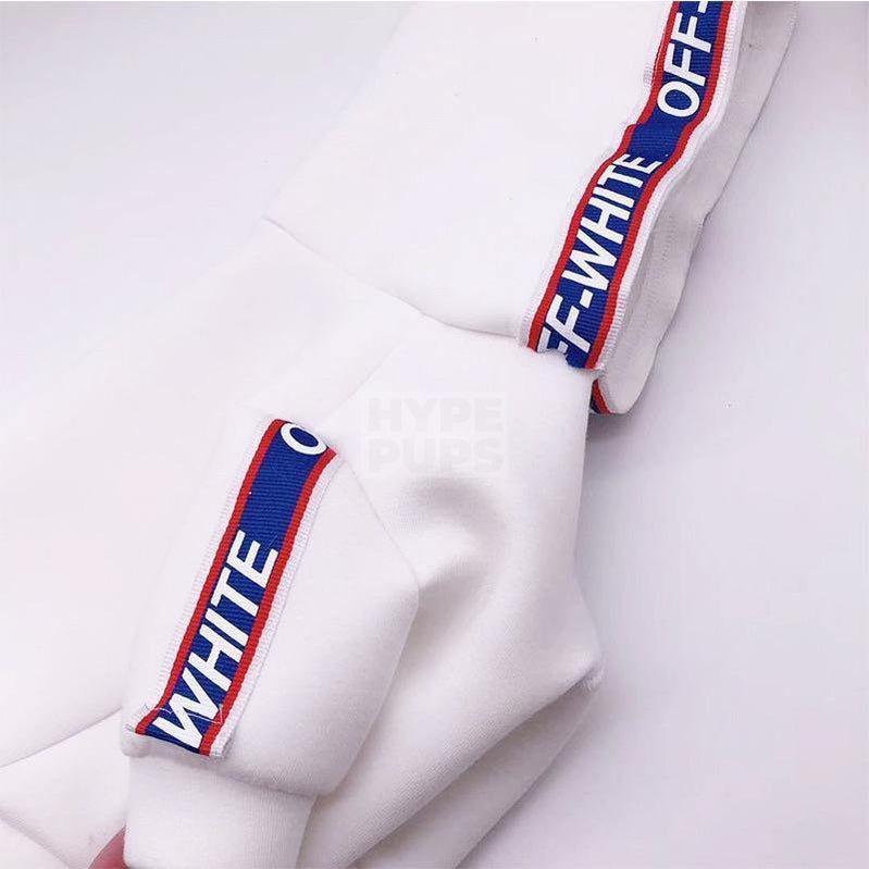 Close up blue red striped tape trim detail on white dog hoodie Off-White inspired