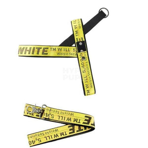 Yellow industrial tape dog harness and leash set with OFF-WHITE text inspired by Off-White streetwear