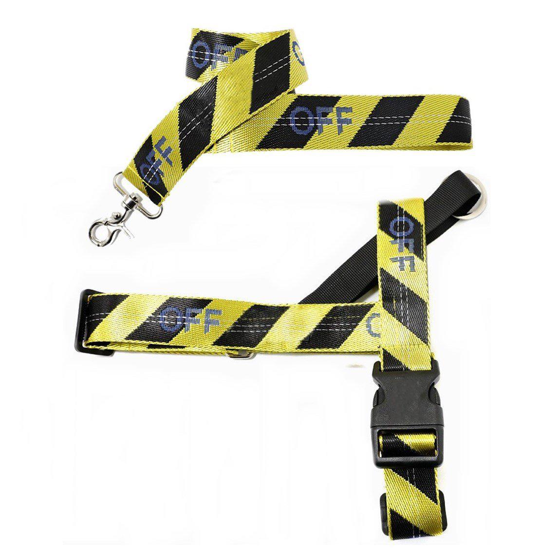Yellow and black diagonal striped dog harness and leash set industrial warning tape pattern