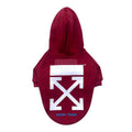 Burgundy dog hoodie with white arrow graphics Off-White inspired Seeing Things text