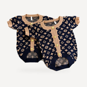 Chewy V Monogram Cardigan — two sizes side by side