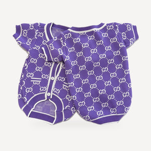 Lavender Monogram dog cardigan inspired by Gucci, purple, knit detail