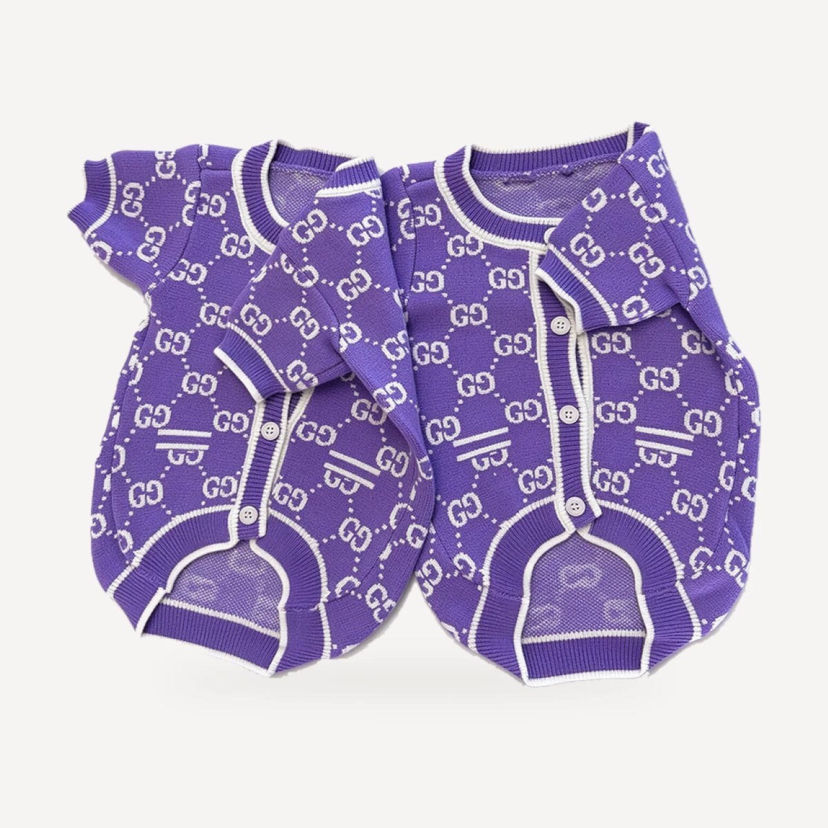 Lavender Monogram dog cardigan inspired by Gucci, purple, knit detail