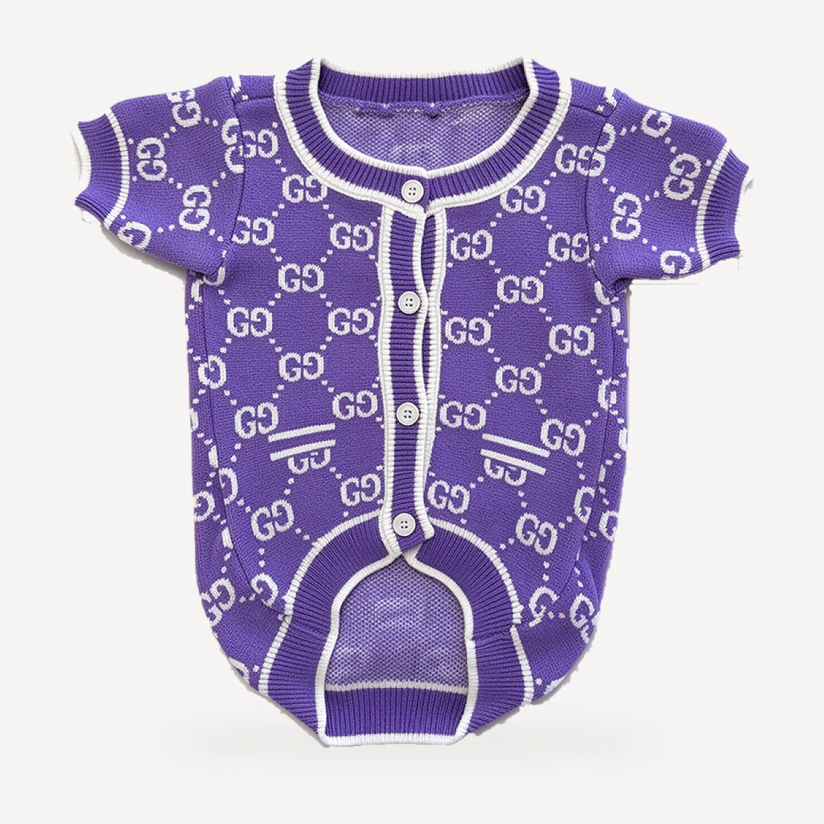 Lavender Monogram dog cardigan inspired by Gucci, purple, front view