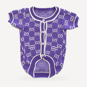 Lavender Monogram dog cardigan inspired by Gucci, purple, front view