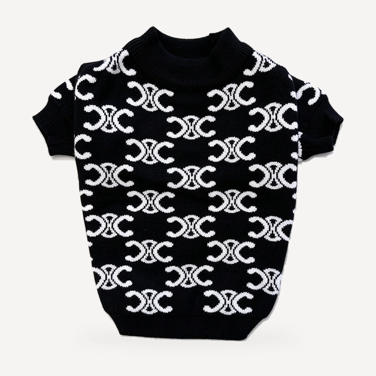 Monogram Knit dog sweater inspired by Celine, black, back view