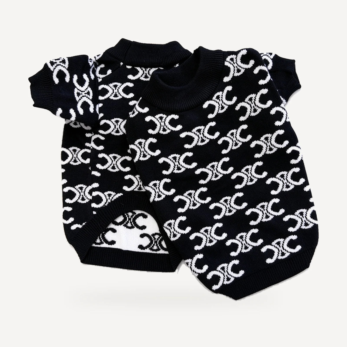 Monogram Knit dog sweater inspired by Celine, black, knit detail