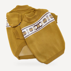Triomphe Band dog sweater inspired by Celine, mustard, knit detail